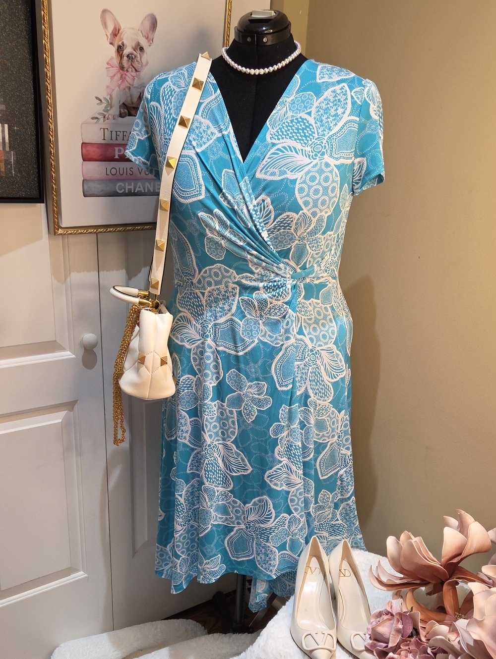 Nwot XL Perceptions Teal Blue Floral Wrap Pull On  Midi Dress